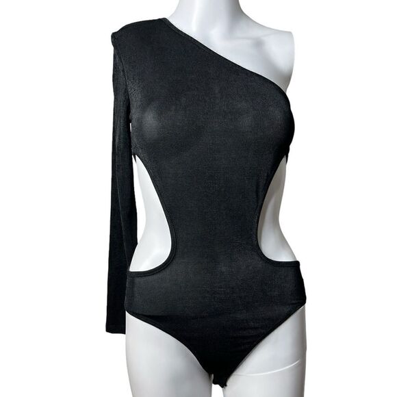 SHEIN One Sleeve Cut Out Bodysuit Black Size XS - Picture 2 of 4